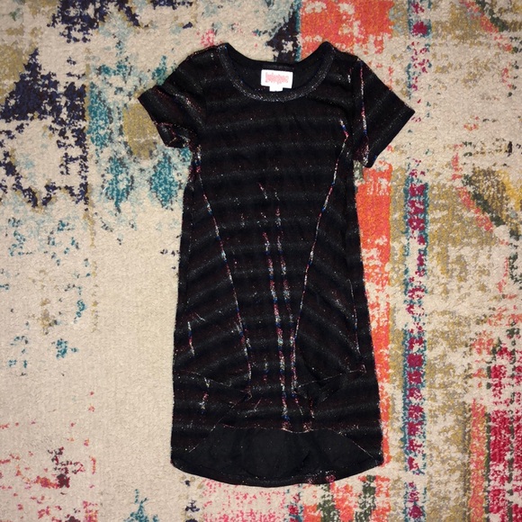 LuLaRoe Scarlett Toddler Metallic Burgundy Silver Blue Yellow Hi Lo Dress Sz. 2T - Picture 2 of 4